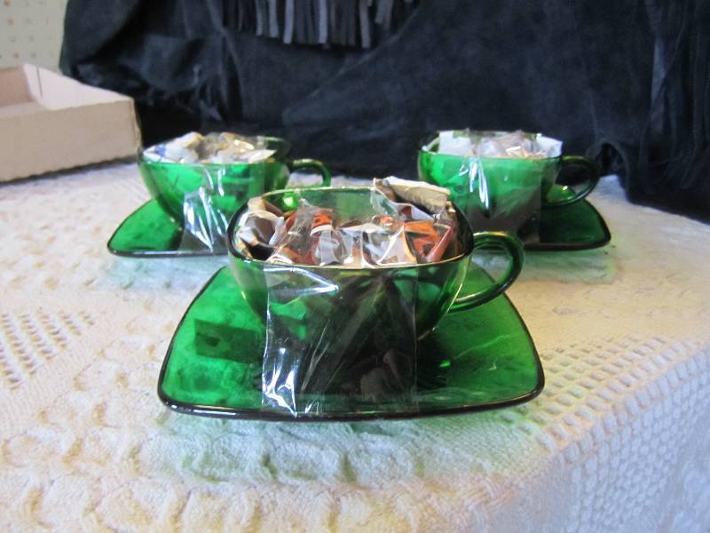 lot 40 image: 3 Sets of Green Glass Cups and Sauc...