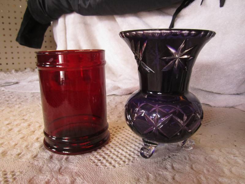 lot 74 image: Purple Etched Glass Footed Vase and...