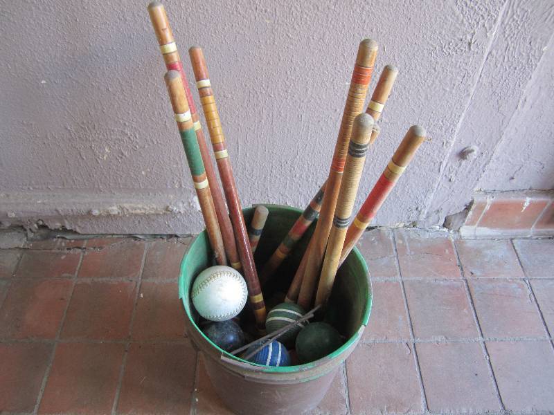 lot 240 image: Vintage Croquet Mallets Balls etc....