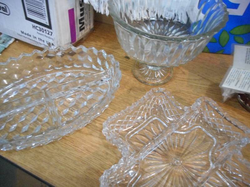 TWO BOX LOT OF GLASS CANDY DISHES, CANDLE, SILVER TRAYS, GOBLETS,BOX OF PYREX DISHES