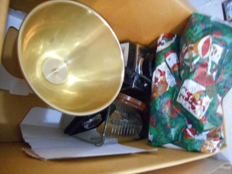 TWO BOX LOT POPCORN MAKER, DEER FIGURINE, FOOD SCALE,TREE BULB CANDY DISH, BLENDER...MUCH MORE