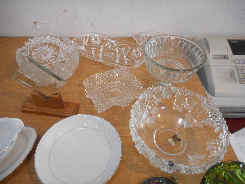 TWO BOX LOT OF GLASS BOWLS, RELISH DISHES, COLORED GLASS CANDY BOWL,ASSORTMENT OF CHINA , PLATES BOWL AND SAUCERS & MORE