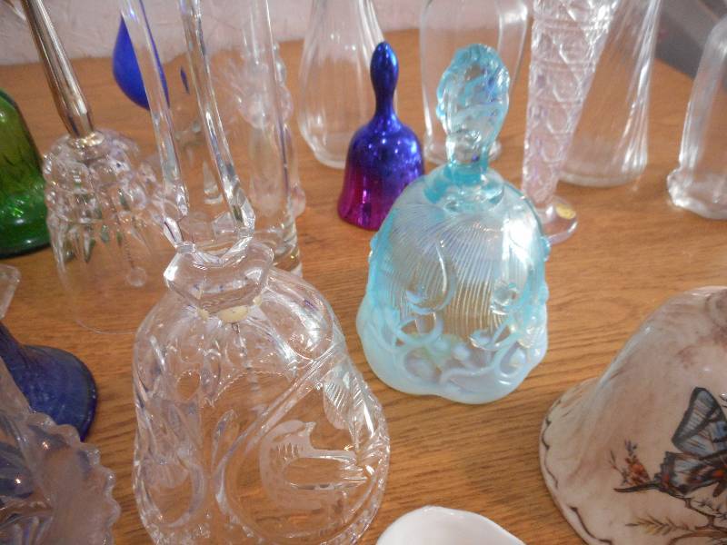 LOT OF VASES AND BELLS --COLORED GLASS BELL