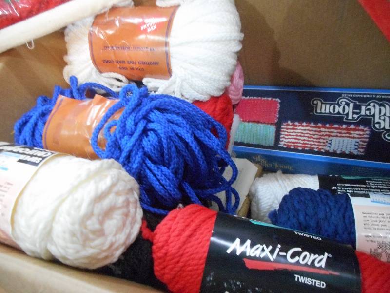 MISC LOT- LATCH HOOK KITS, CRAFT CORD, YARN, LOOM