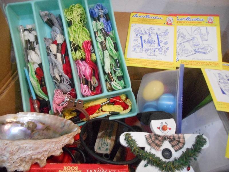 MISC LOT- CRAFT, MARBLES, GLUE GUNS AND GLUE, EMBROIDERY YARN, CARDS
