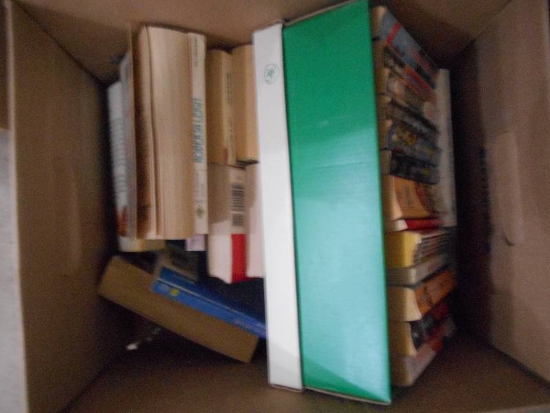 FOUR BOX LOT OF BOOKS, COOK BOOKS, INFORMATIONAL BOOKS, SOME ROMANCE AND WESTERNS