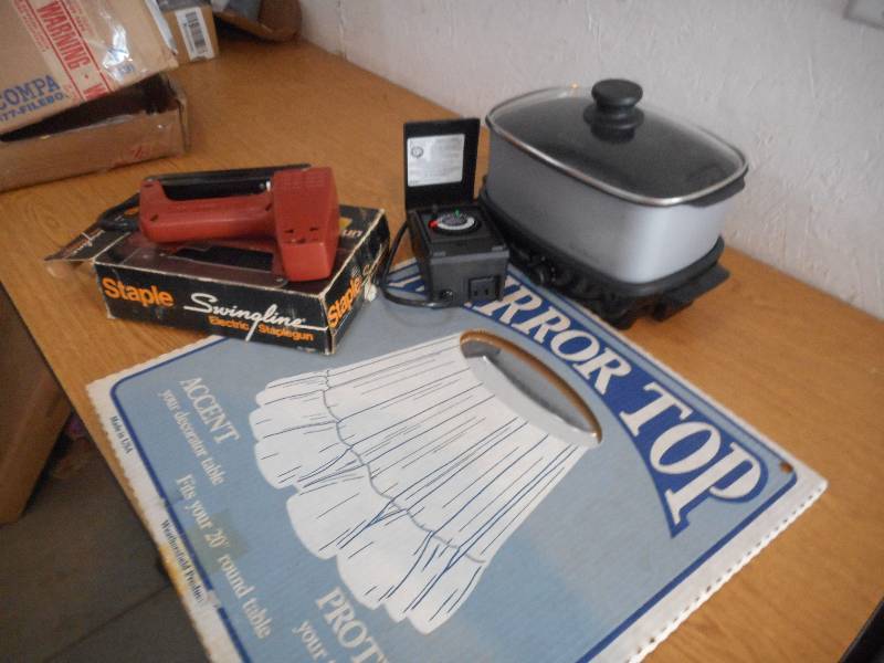 MISC BOX LOT-- ROUND TABLE TOP MIRROR, STAPLER, WEST BEND COOKING PAN, OUTDOOR  ELECTRIC TIMER