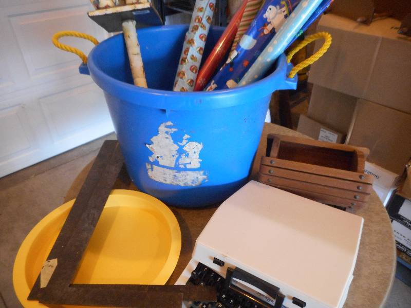 MISC LOT---TYPEWRITER, WOODEN BASKET, PLASTIC ROUND TRAY, TOOLS, HOLIDAY WRAP,WINTER DECORATION ALL IN A BIG TUB