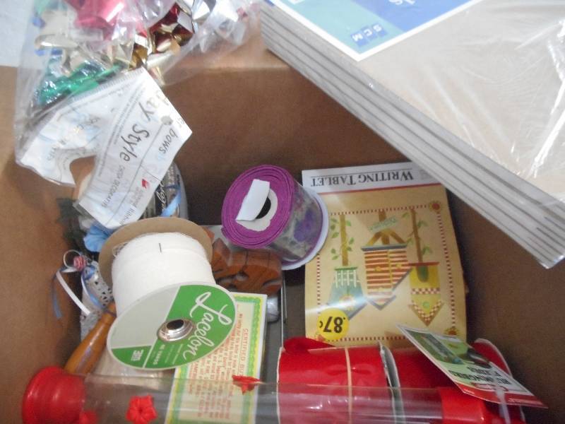 TWO BOX LOT-- CRAFT SUPPLIES, RIBBON, NEW LAND OF LAKES RECIPE BOX,STATIONARY, PAPER