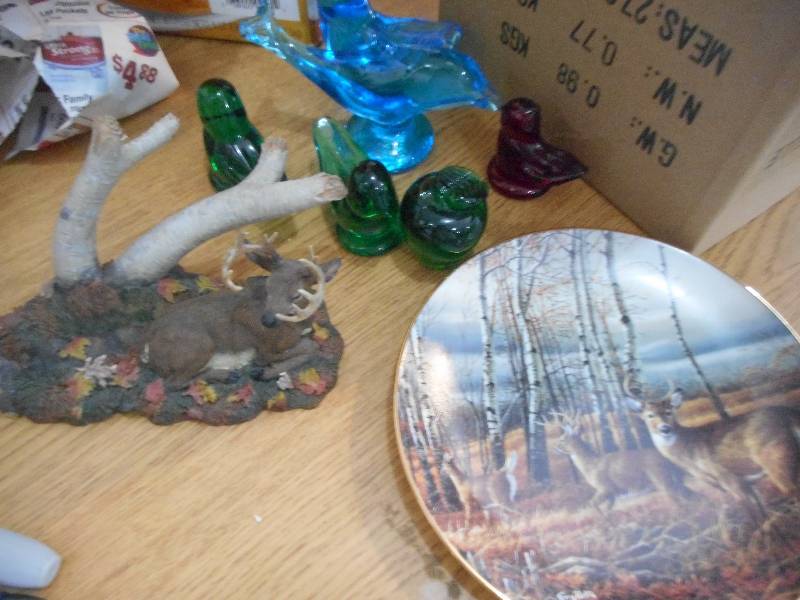 THREE BOX LOT OF GLASS DISHES, SERVING SET, TERRY REDLIN DEER PLATE, DEER FIGURINE, COLORED GLASS BIRDS ORDIMENTS