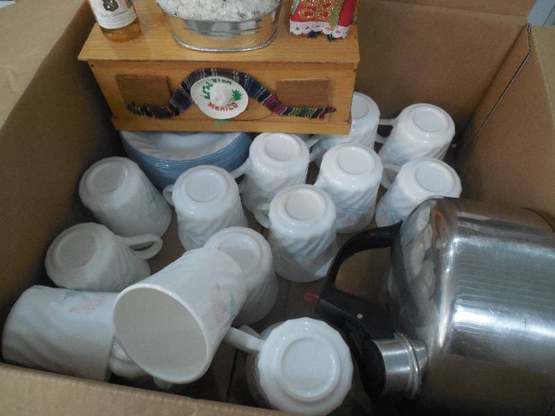 BOX LOT OF APPROX 16 COFFEE CUPS AND SAUCERS WITH HOT WATER POT