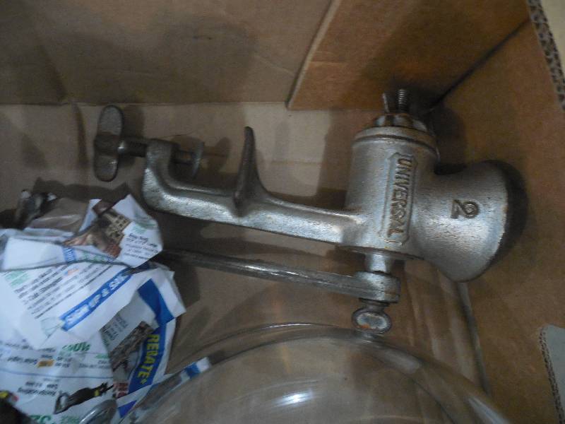 BOX LOT OF SQUARE GLASS DISHES, MEAT GRINDER, TWO GLASS PIE PANS, SERVING DISH AND ROSETTE COOKIE IRONS