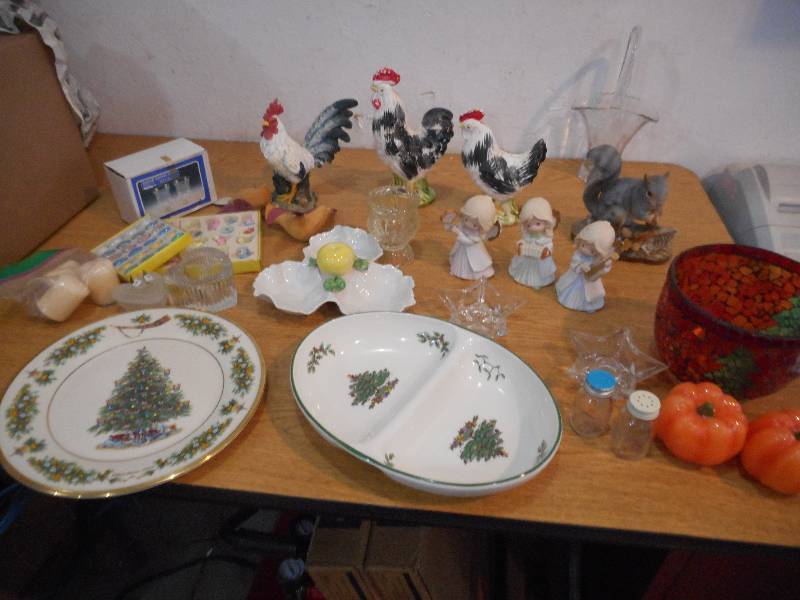 MISC BOX LOT-- MASTERPIECE PORCELAIN-HOME INTERIOR SQUIRREL, ANGELS, HOLIDAY SERVING DISHES, EASTER TREE DECORATIONS, CANDLE HOLDERS WOODEN BIRDS