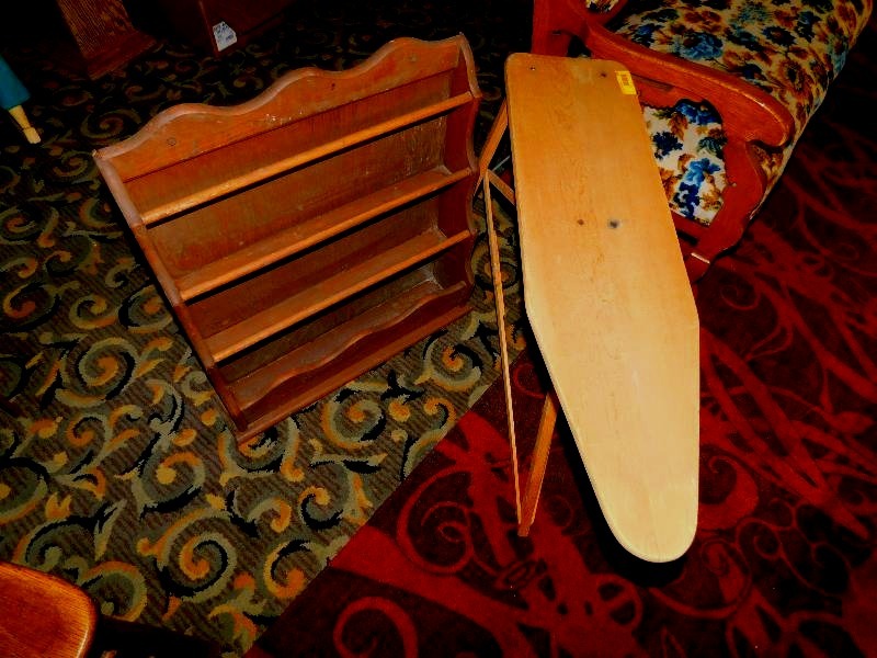 ANTIQUE IRONING BOARD AND VINTAGE WOODEN SHELF