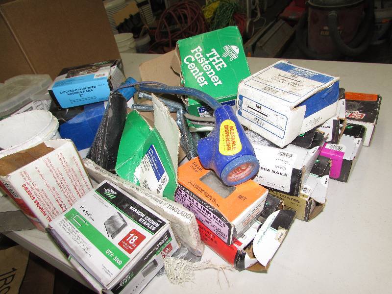 lot 558 image: BOX OF MISC SCREWS, STAPLES, BOLTS AND MORE