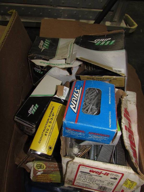 lot 561 image: BOX OF MISC, NAILS, SCREWS, STAPLES AND MORE