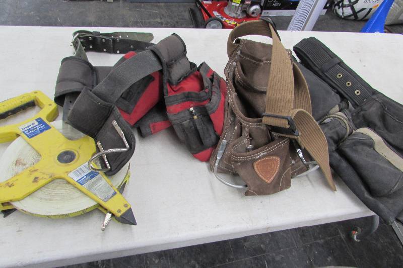 lot 570 image: 300 FOOT TAPE MEASURE, THREE CARPENTERS BELTS