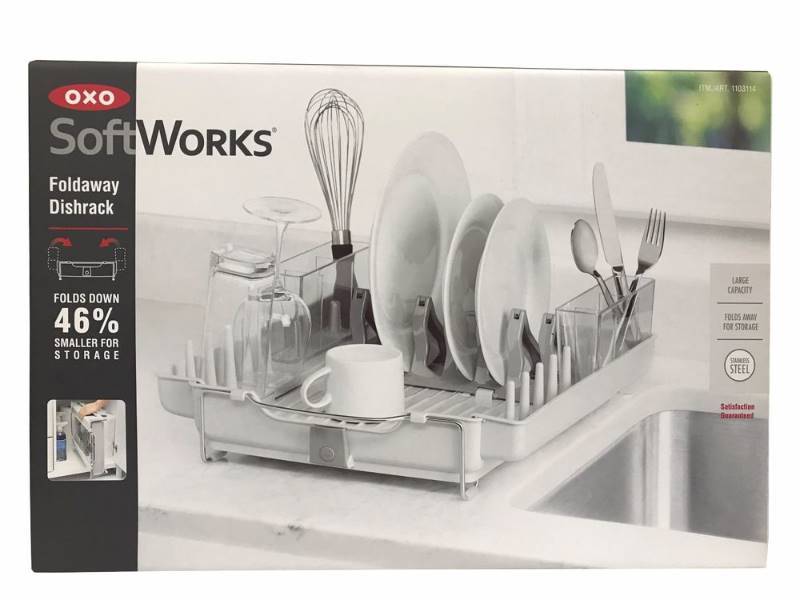 lot 60 image: OXO SoftWorks Foldaway Dishrack with Spout, Legs, Tines & Compact Storage