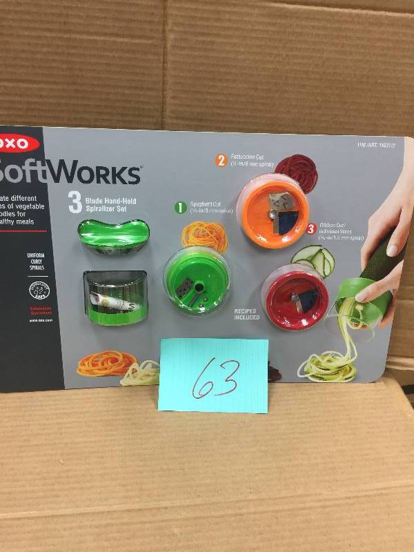 lot 63 image: Oxo Softworks 3 Blade Hand Held Spiralizer Set for Uniform Curly Spirals