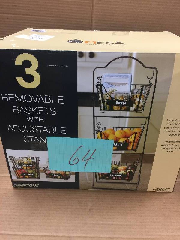 lot 64 image: Mesa 48 3 Tier Wrought Iron Fruit Baskets Floor Standing Kitchen Storage Rack Black New