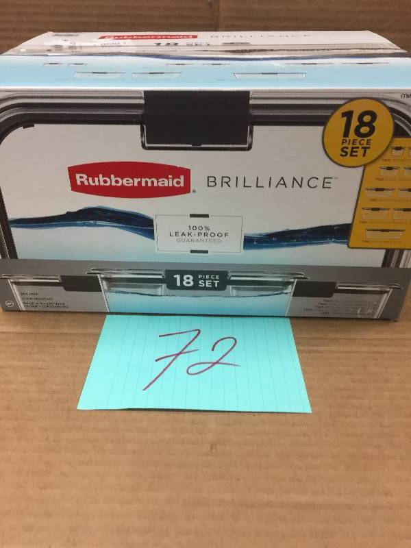 lot 72 image: Rubbermaid Brilliance Microwavable Food Storage Container Set, 18-Piece