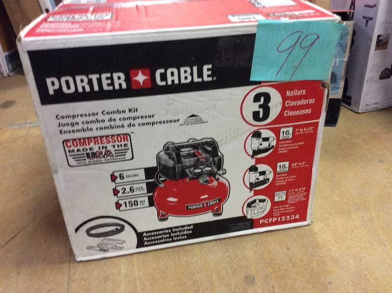 lot 99 image: Porter Cable 6 Gal. 150 PSI Portable Electric Air Compressor, 16-Gauge Nailer, 18-Gauge Nailer and Crown Stapler Combo Kit (4-Tool) not used