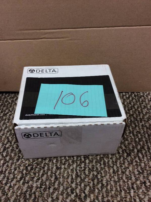 lot 106 image: Delta Dryden 1-Handle 1-Spray Raincan Shower Faucet Trim Kit in Stainless (Valve Not Included) not used