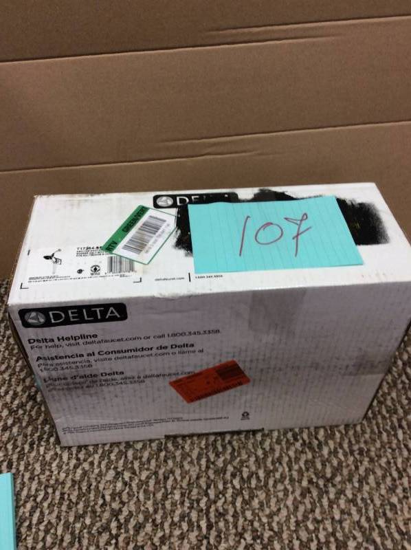lot 107 image: Delta Ashlyn In2ition 1-Handle Shower Faucet Trim Kit in Stainless (Valve Not Included) not used