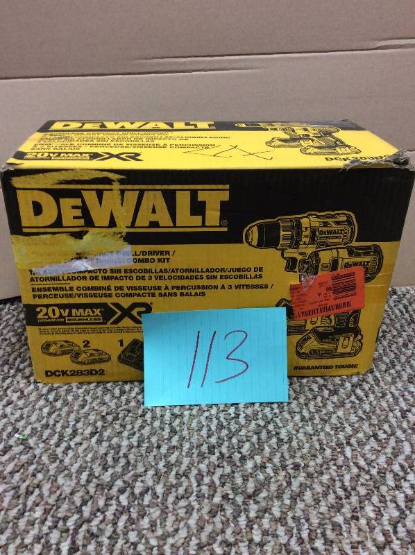 lot 113 image: DeWALT DCK283D2 MAX XR Lithium Ion Brushless Drill Driver and Impact Combo Kit in like new condition