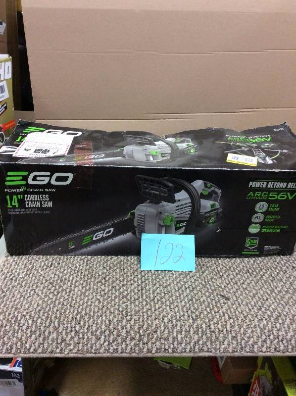 lot 122 image: Ego 14 in. 56-Volt Lithium-ion Cordless Chainsaw with 2.0Ah Battery and Charger Included used in good working condition