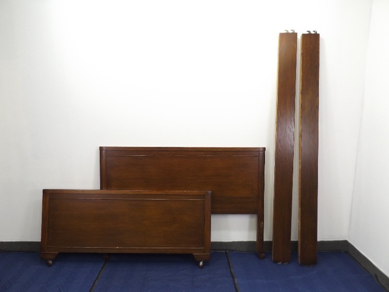 lot 8 image: Antique Solid Wood&nbspMid Century Danish Brutalist Full Size HeadboardFootboard Set