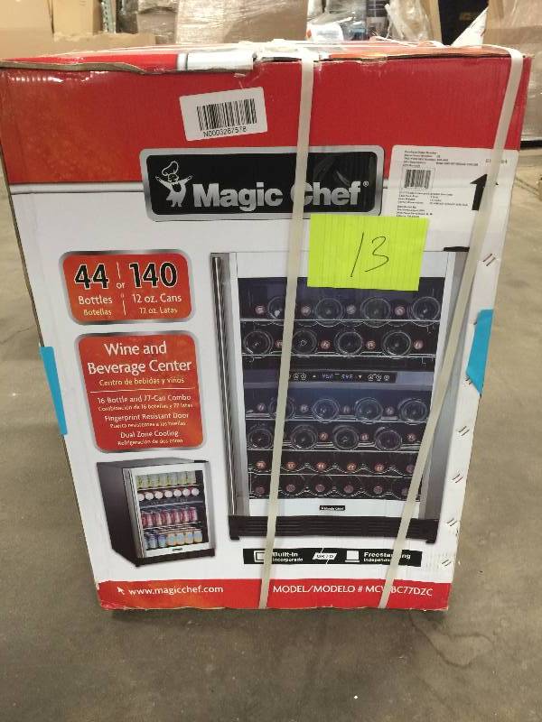 lot 13 image: Magic Chef Wine and Beverage Center 44 Bottles or 140 cans model MCWBC77DZC new