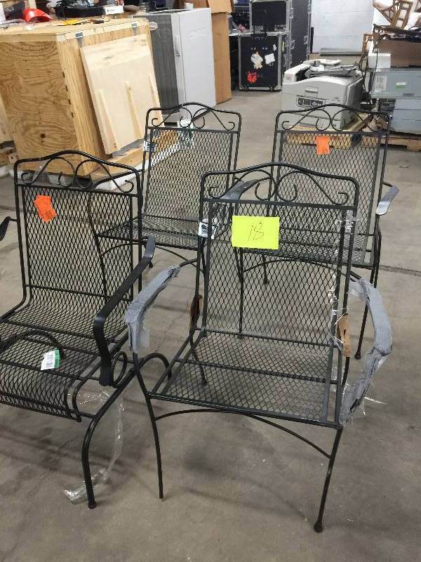 lot 18 image: Lot of 4 Outdoor Chairs metal- one of them is damaged