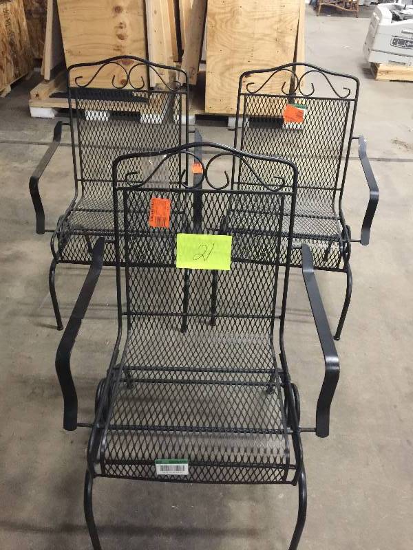 lot 21 image: Lot of 3 Outdoor Chairs metal- some are damaged