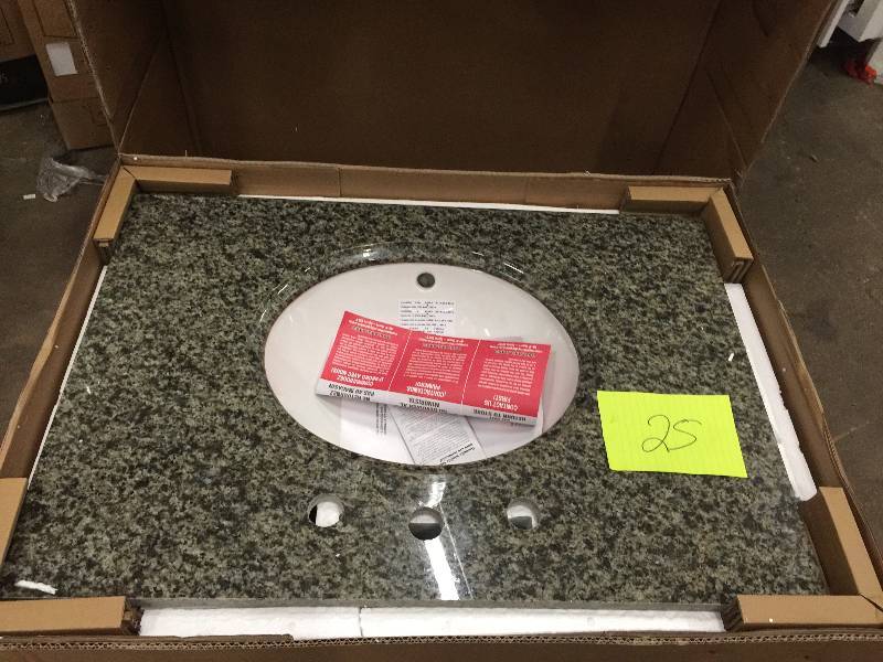 lot 25 image: Pegasus 31 in. W Granite Vanity Top in Quadro with White Bowl and 8 in. Faucet Spread not used