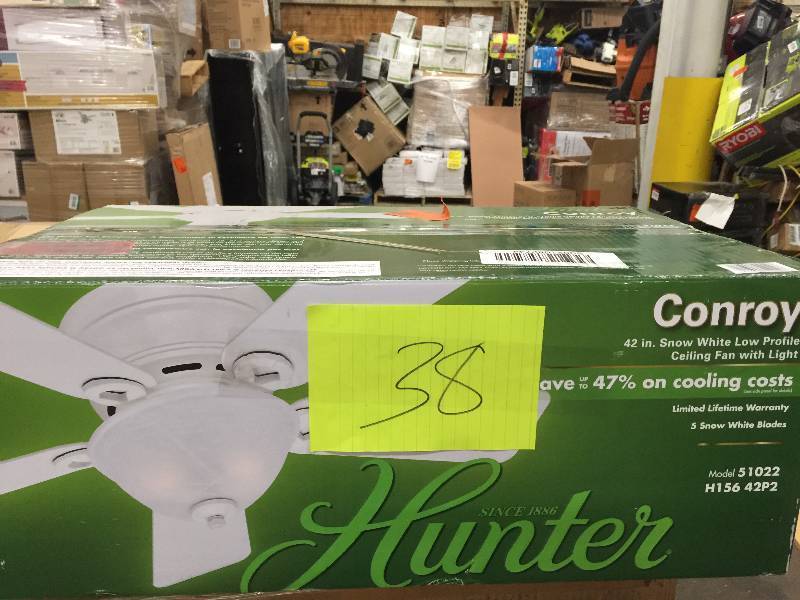 lot 38 image: Hunter Conroy 42 in. Indoor White Low Profile Ceiling Fan with Light Kit