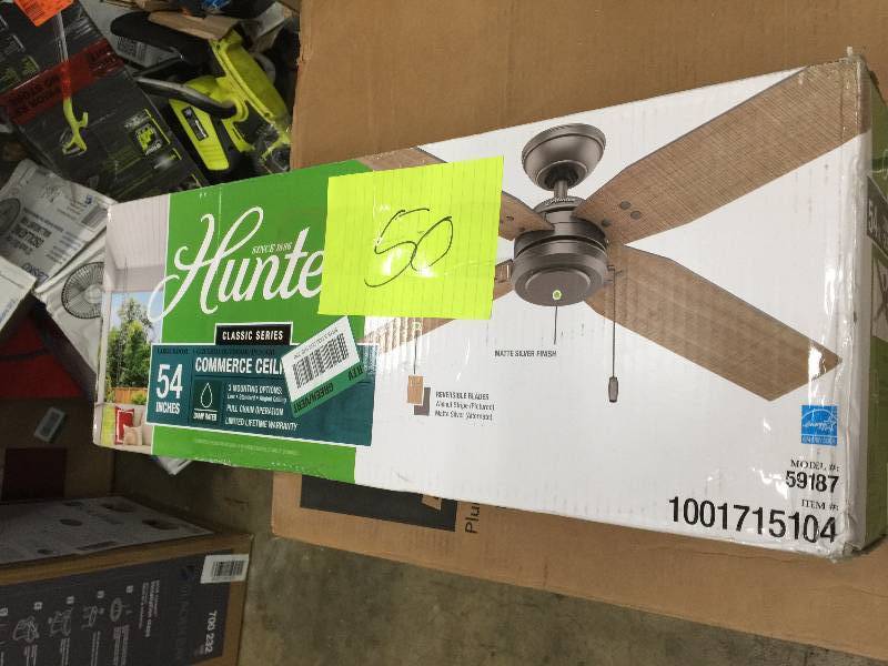 lot 50 image: Hunter Commerce 54 in. IndoorOutdoor Matte Silver Ceiling Fan not used