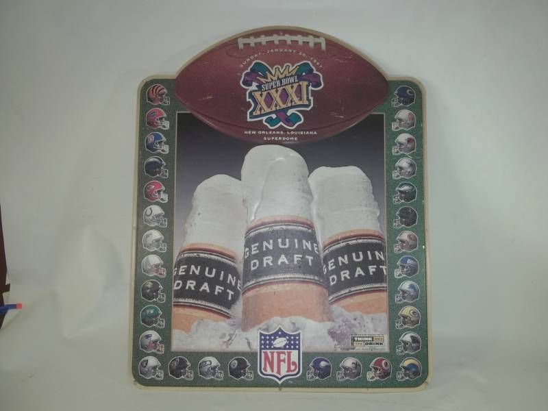 lot 104 image: Super Bowl XXXI Miller genuine Draft Metal Sign