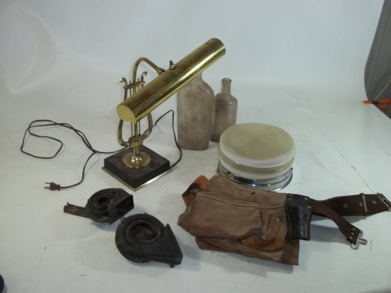 lot 181 image: Piano Light, Vintage Glass Bottles Model T Horn, Tool Belt and more