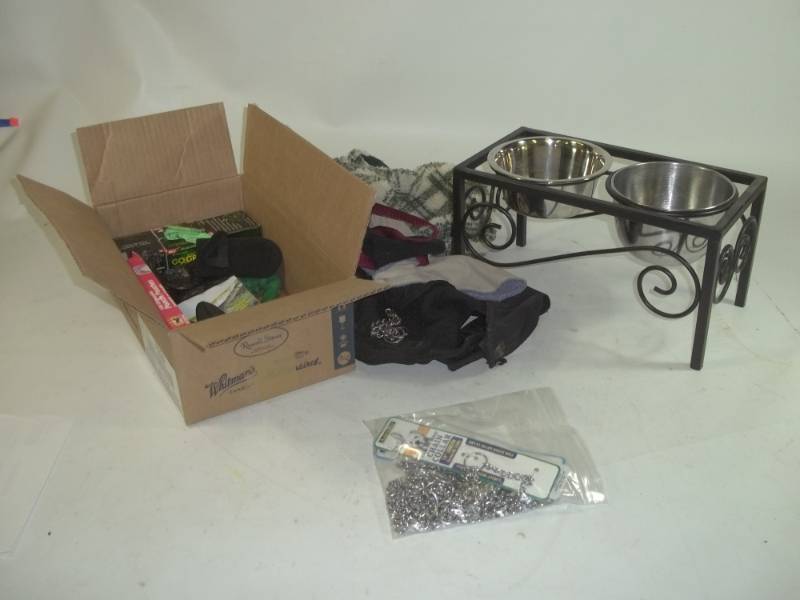lot 240 image: Dog Supplies includes Chain collars, bowls, Cloths and ext.