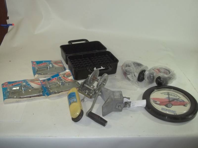 lot 241 image: Boating Supplies, ammo box, pair of headphones and Clock
