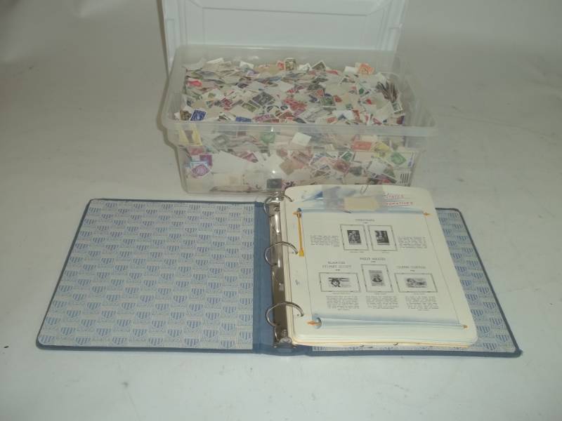lot 253 image: Stamps in Binder with 12 Quart Tote of Stamps