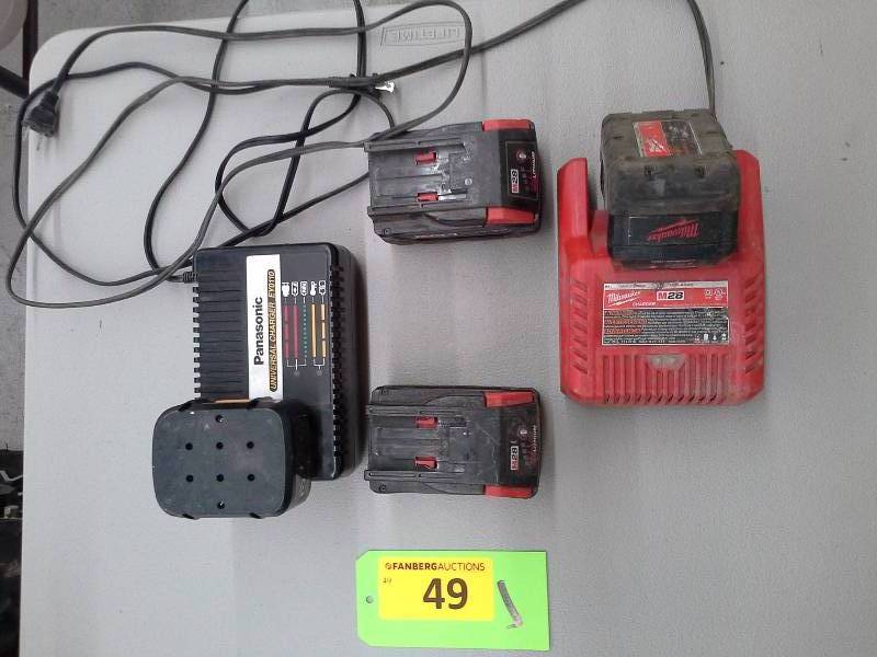lot 49 image: Milwaukee M28 Batteries (3)Charger, Panasonic Battery and Charger