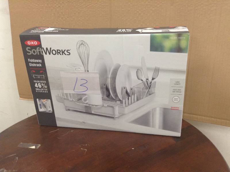 OXO SoftWorks Foldaway Dishrack with Spout, Legs, Tines & Compact Storage