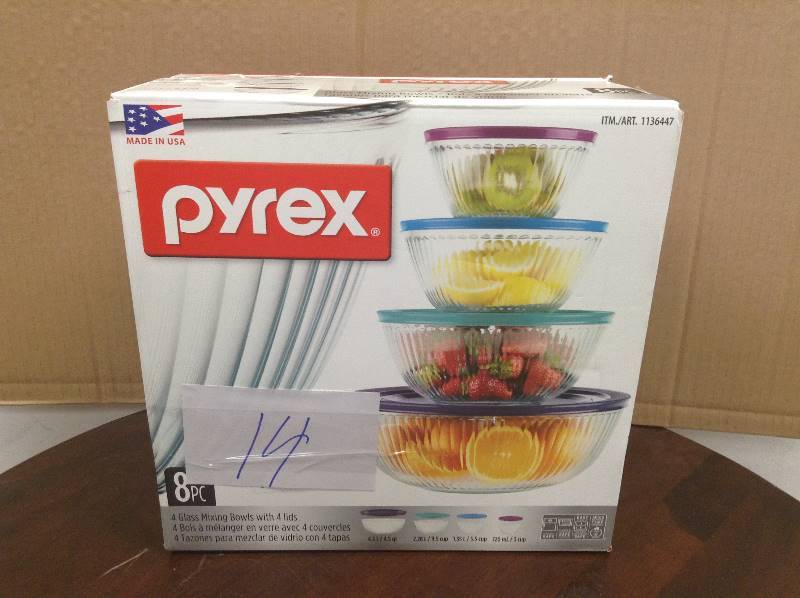 8 pc PYREX Clear SCULPTURED Glass Mixing Bowl Set 4.5 Qt.10, 6, 3 Cup with LIDS