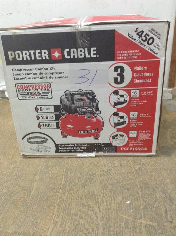 Porter Cable 6 Gal. 150 PSI Portable Electric Air Compressor, 16-Gauge Nailer, 18-Gauge Nailer and Crown Stapler Combo Kit (4-Tool) in like new condition