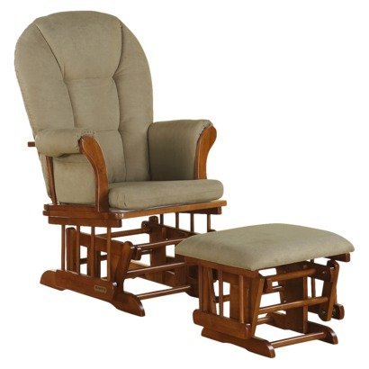 lot 58 image: Shermag Alexis Glider Rocker and Ottoman Combo pink cushion