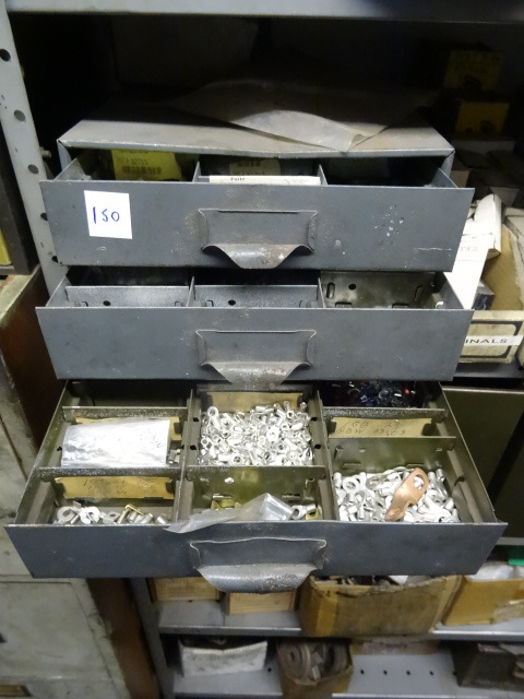 lot 150 image: 3 Drawer Metal Bin Full Of Electrical Connectors.