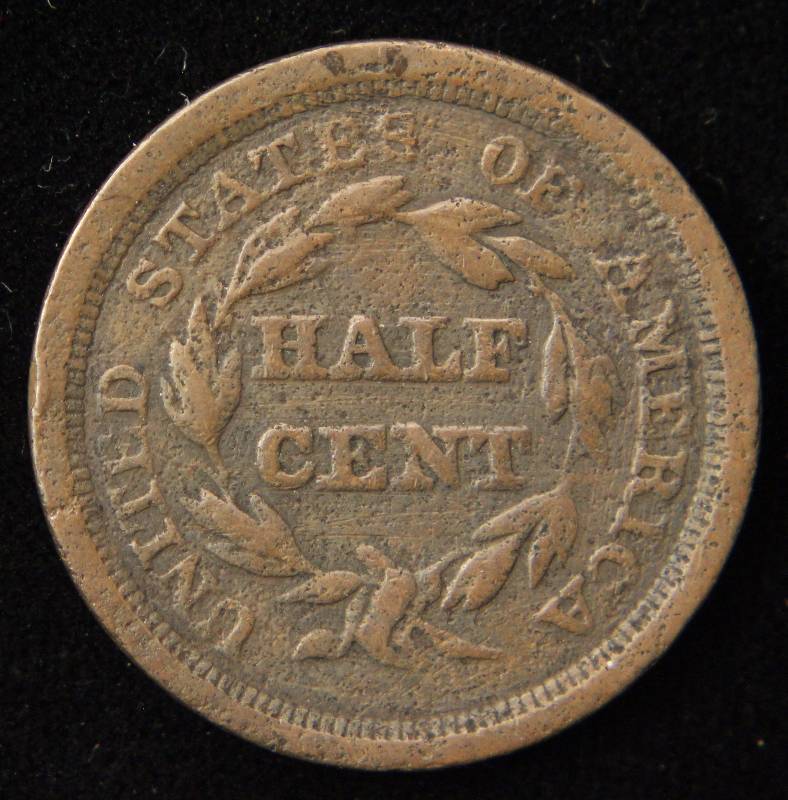 1849 US CORONET HEAD HALF CENT VF DETAILS