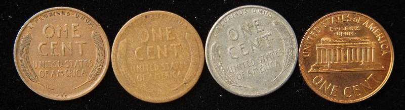 GROUP OF 4 SMALL CENTS 1909VDB, 1919S, 1943D WAR & 1961 PROOF